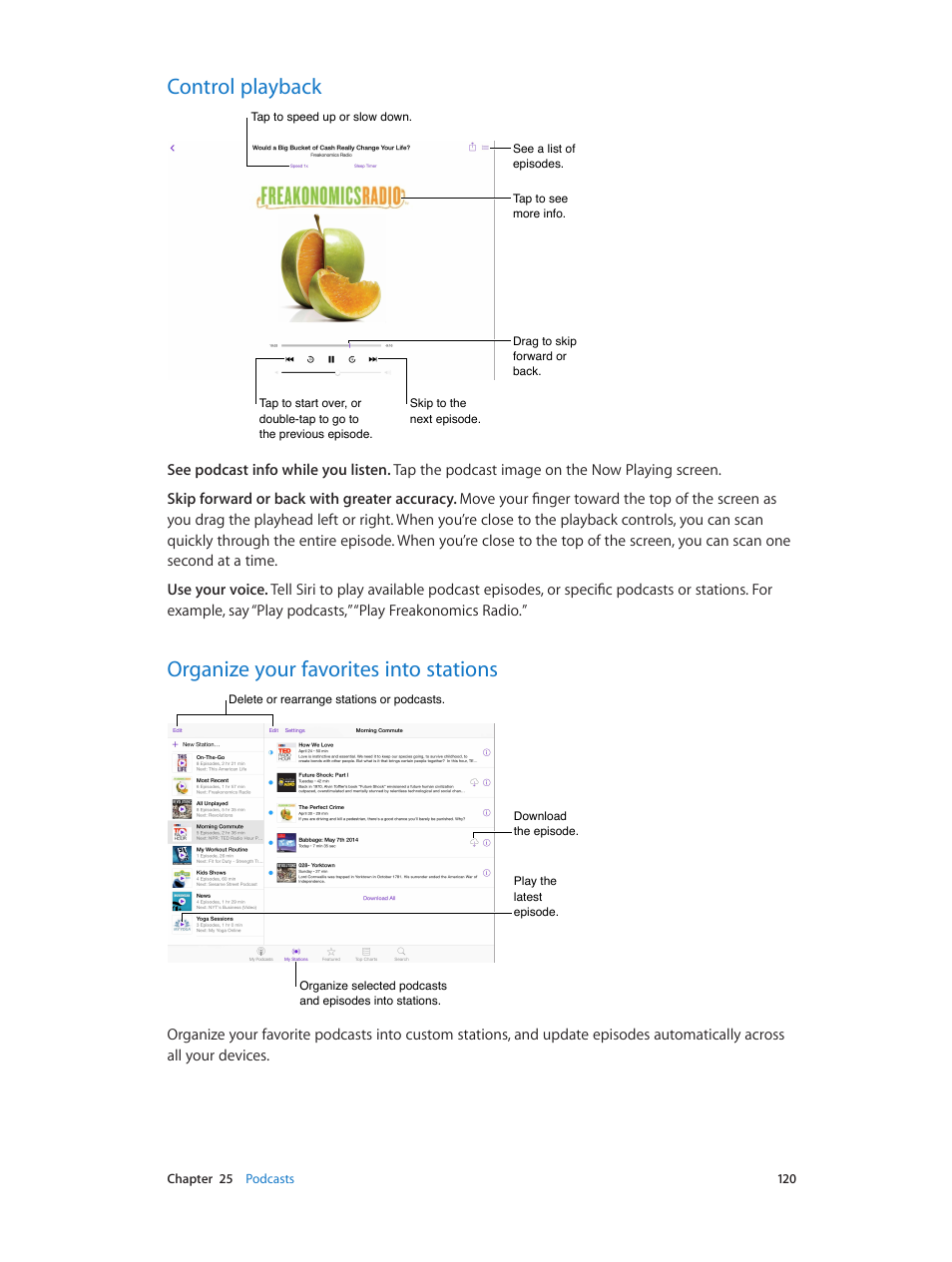 Control playback, Organize your favorites into stations, 120 control playback | 120 organize your favorites into stations | Apple iPad iOS 8.1 User Manual | Page 120 / 164