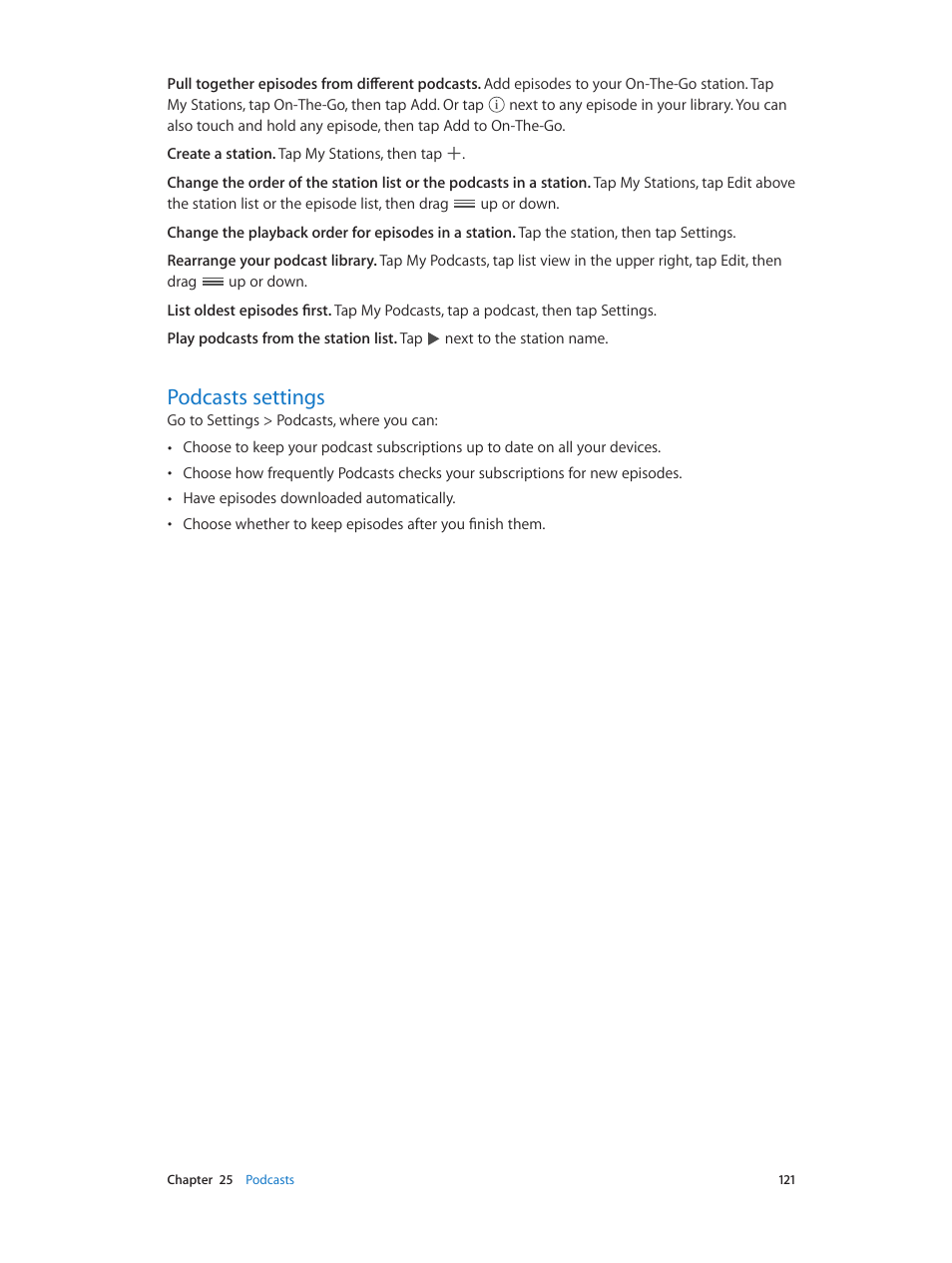 Podcasts settings, 121 podcasts settings | Apple iPad iOS 8.1 User Manual | Page 121 / 164