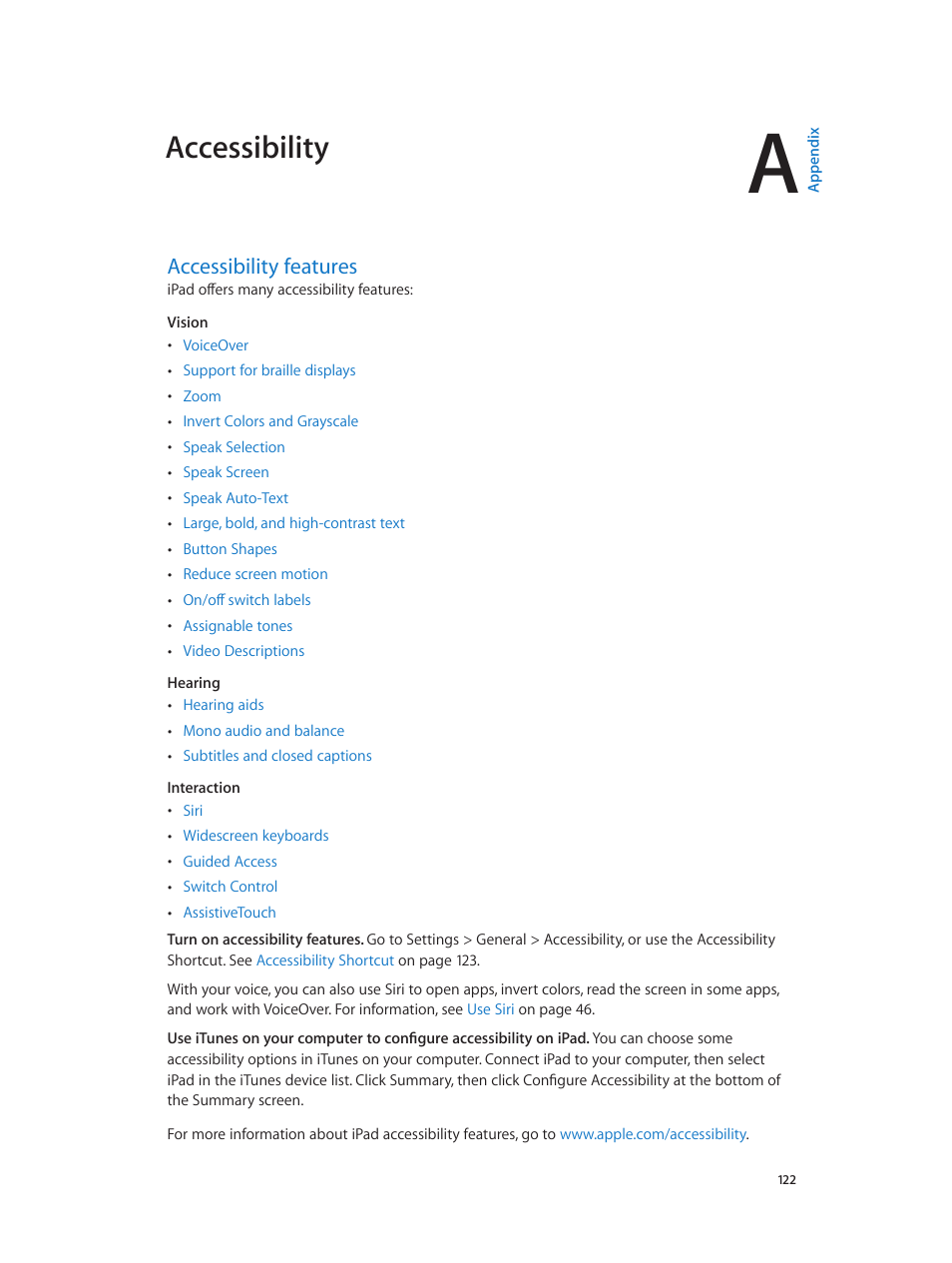 Appendix a: accessibility, Accessibility features, 122 accessibility features | Accessibility | Apple iPad iOS 8.1 User Manual | Page 122 / 164