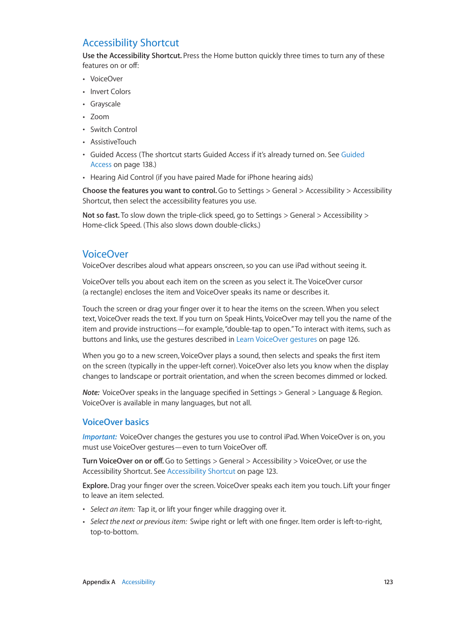 Accessibility shortcut, Voiceover, 123 accessibility shortcut 123 voiceover | Accessibility, Shortcut, Voiceover basics | Apple iPad iOS 8.1 User Manual | Page 123 / 164