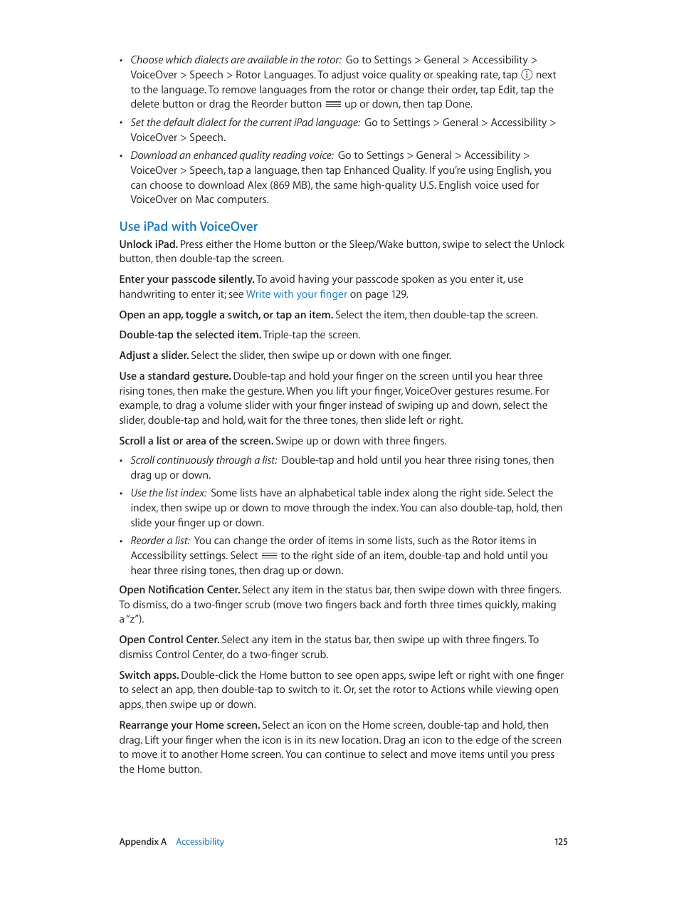 Use ipad with voiceover | Apple iPad iOS 8.1 User Manual | Page 125 / 164