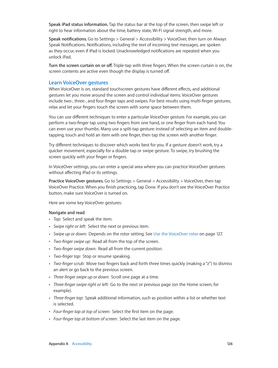 Learn voiceover gestures | Apple iPad iOS 8.1 User Manual | Page 126 / 164