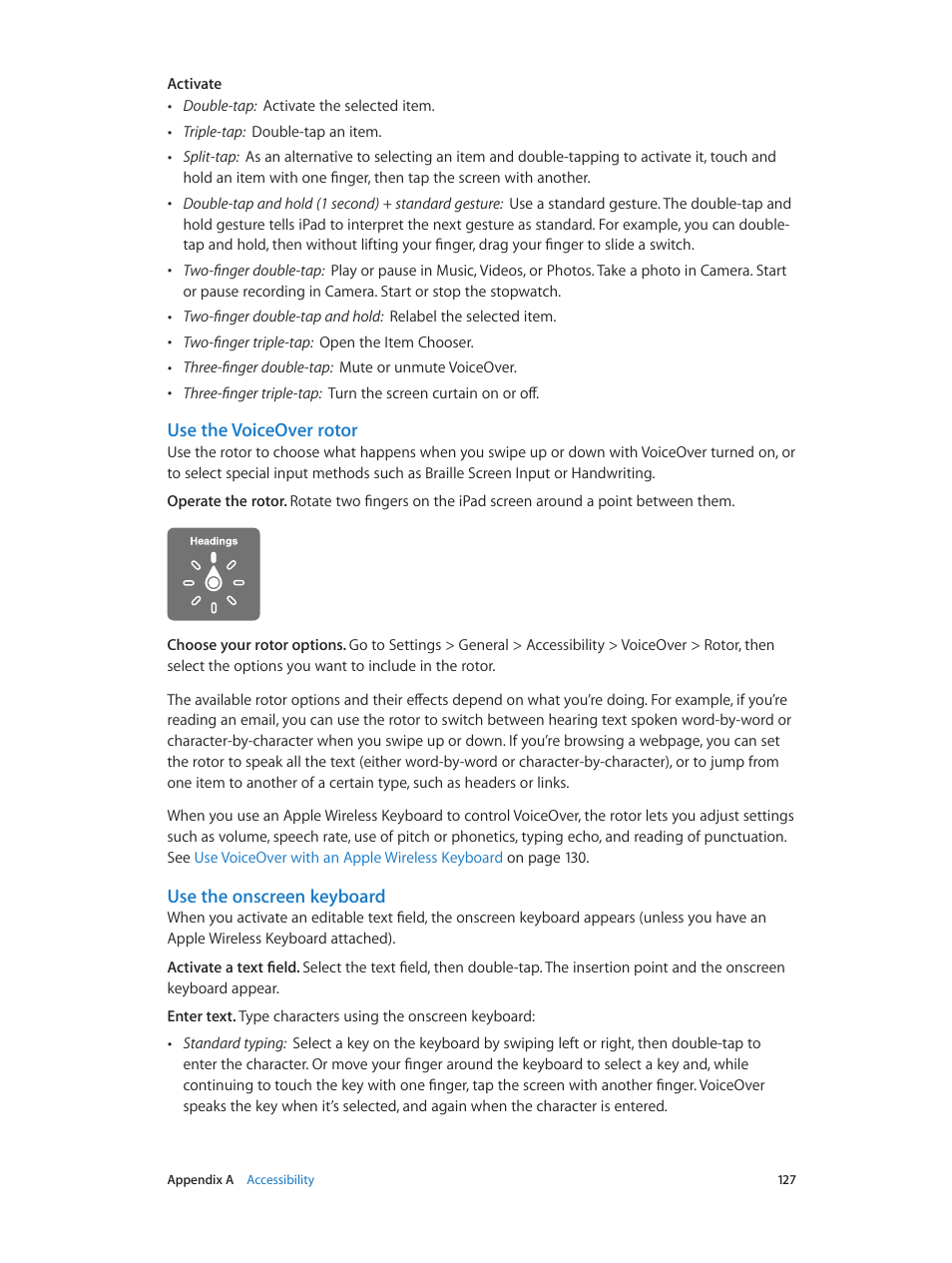 Use the, Voiceover rotor, Use the voiceover rotor | Use the onscreen keyboard | Apple iPad iOS 8.1 User Manual | Page 127 / 164