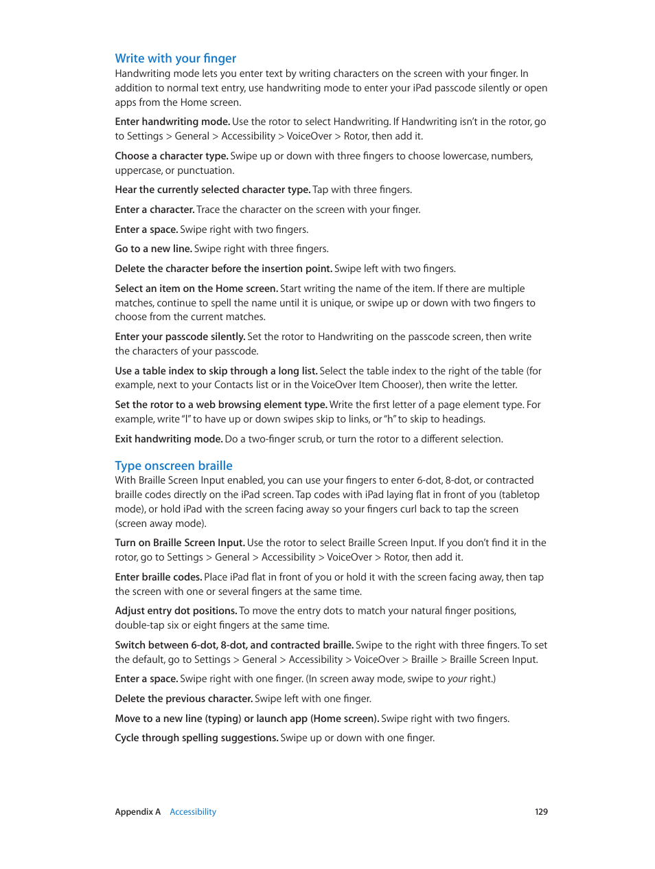 Write with your finger, Type onscreen braille | Apple iPad iOS 8.1 User Manual | Page 129 / 164