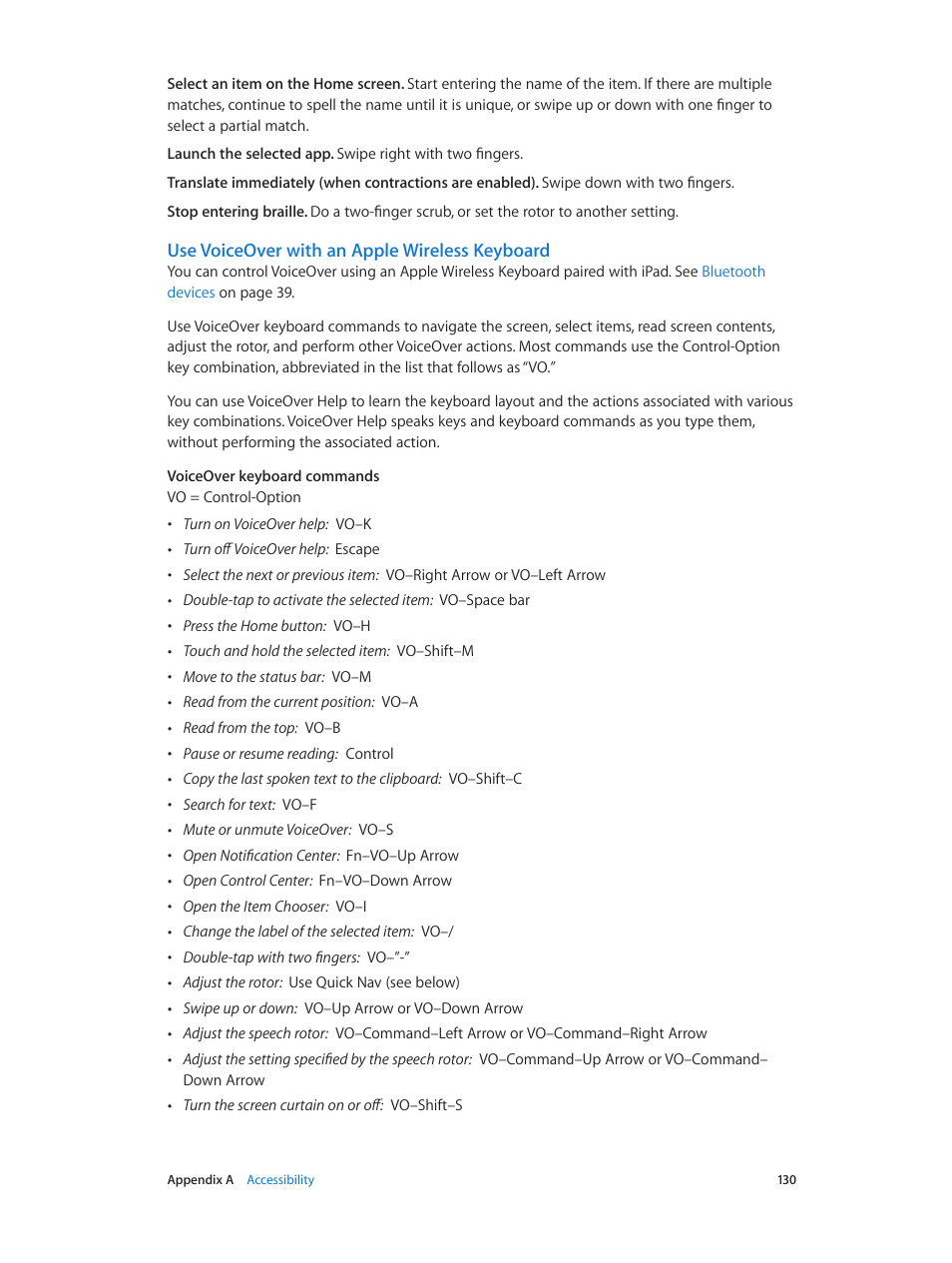 Use voiceover with an apple wireless keyboard | Apple iPad iOS 8.1 User Manual | Page 130 / 164