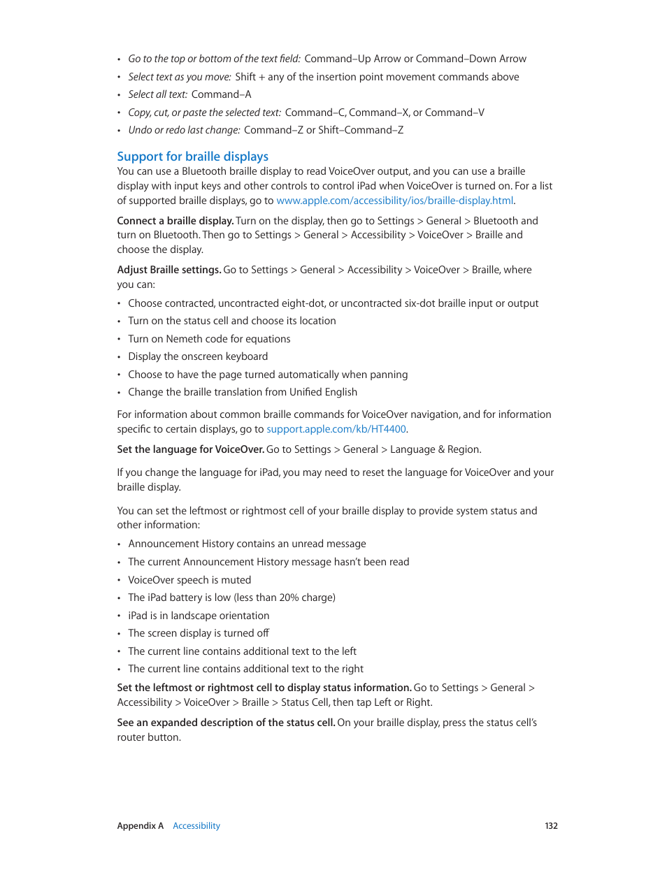 Support for braille displays | Apple iPad iOS 8.1 User Manual | Page 132 / 164