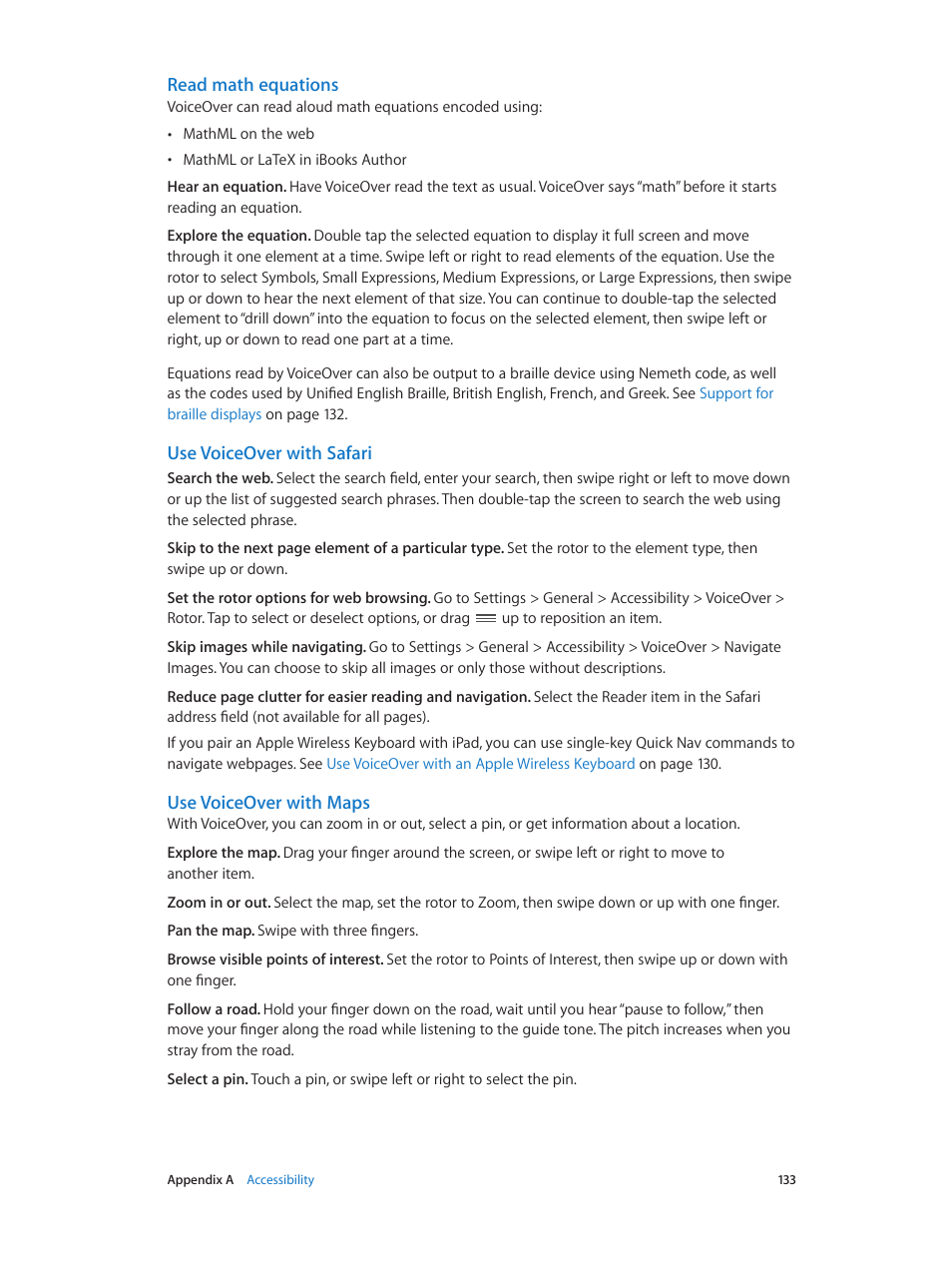 Read math equations, Use voiceover with safari, Use voiceover with maps | Apple iPad iOS 8.1 User Manual | Page 133 / 164