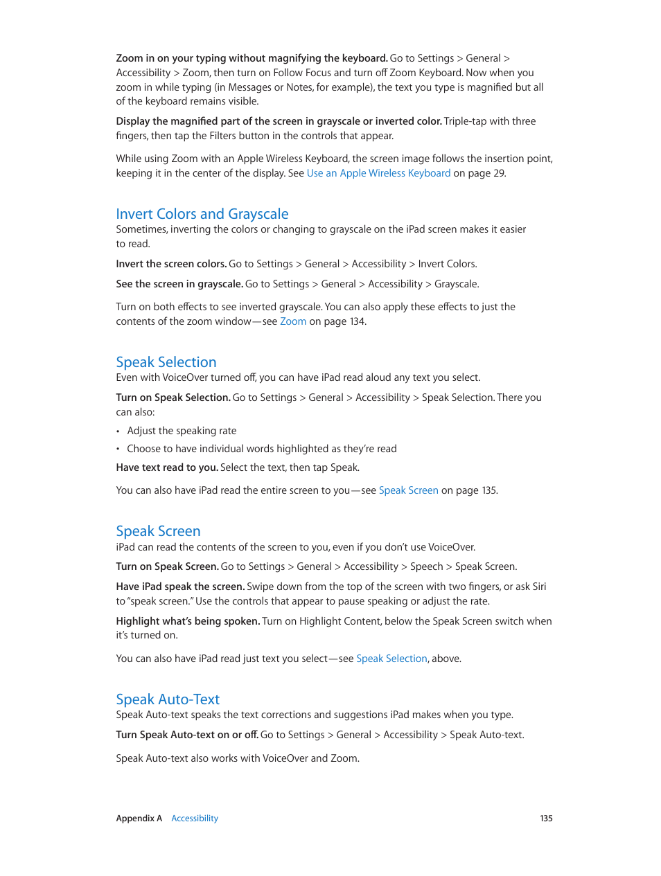 Invert colors and grayscale, Speak selection, Speak screen | Speak auto-text | Apple iPad iOS 8.1 User Manual | Page 135 / 164