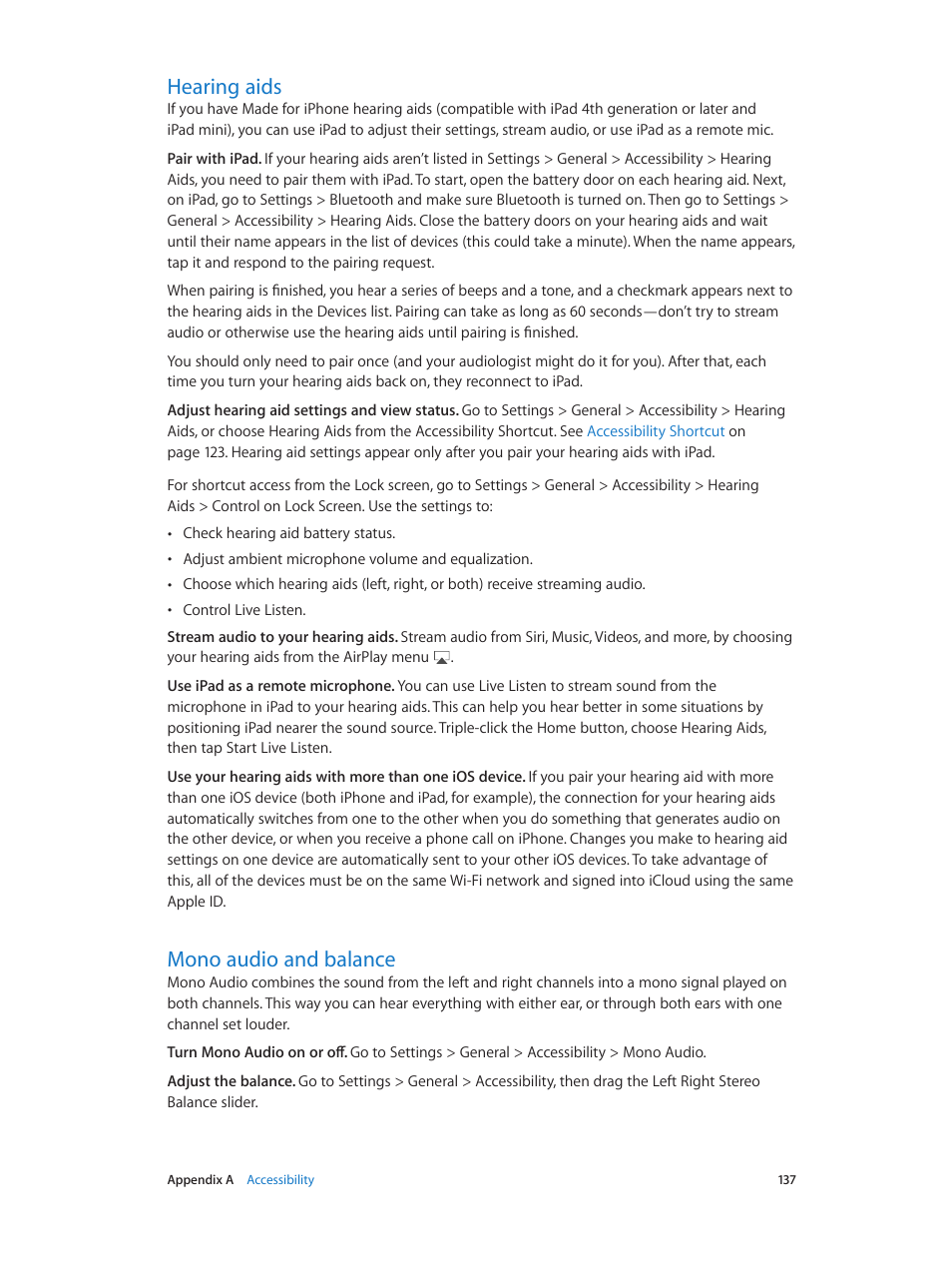 Hearing aids, Mono audio and balance, 137 hearing aids 137 mono audio and balance | Apple iPad iOS 8.1 User Manual | Page 137 / 164