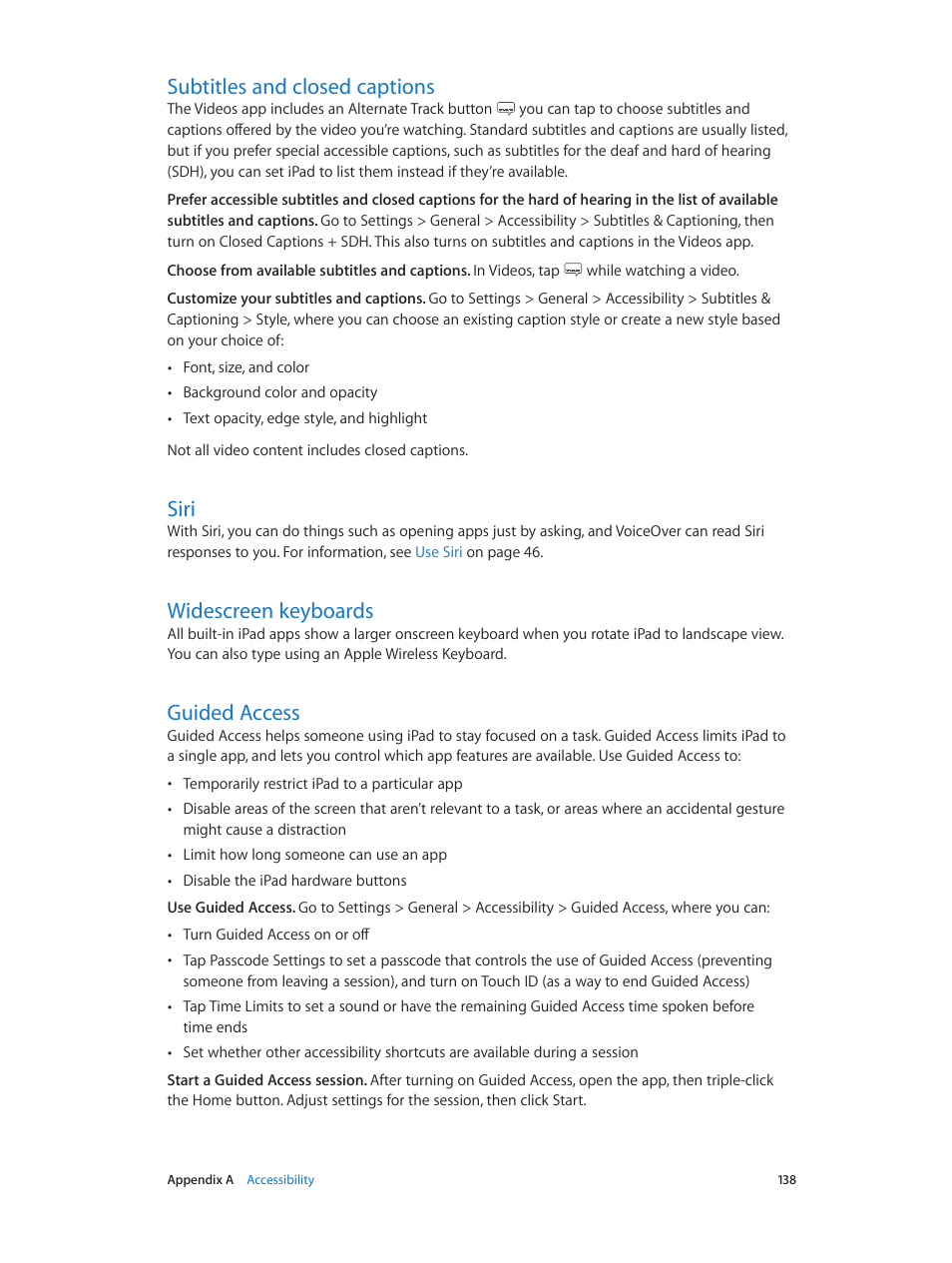 Subtitles and closed captions, Siri, Widescreen keyboards | Guided access, Guided, Access | Apple iPad iOS 8.1 User Manual | Page 138 / 164