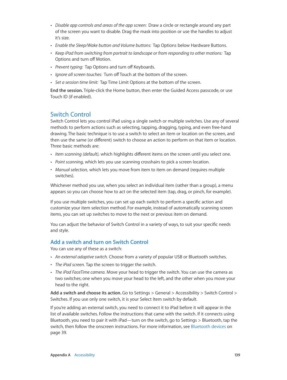 Switch control, 139 switch control, Add a switch and turn on switch control | Apple iPad iOS 8.1 User Manual | Page 139 / 164