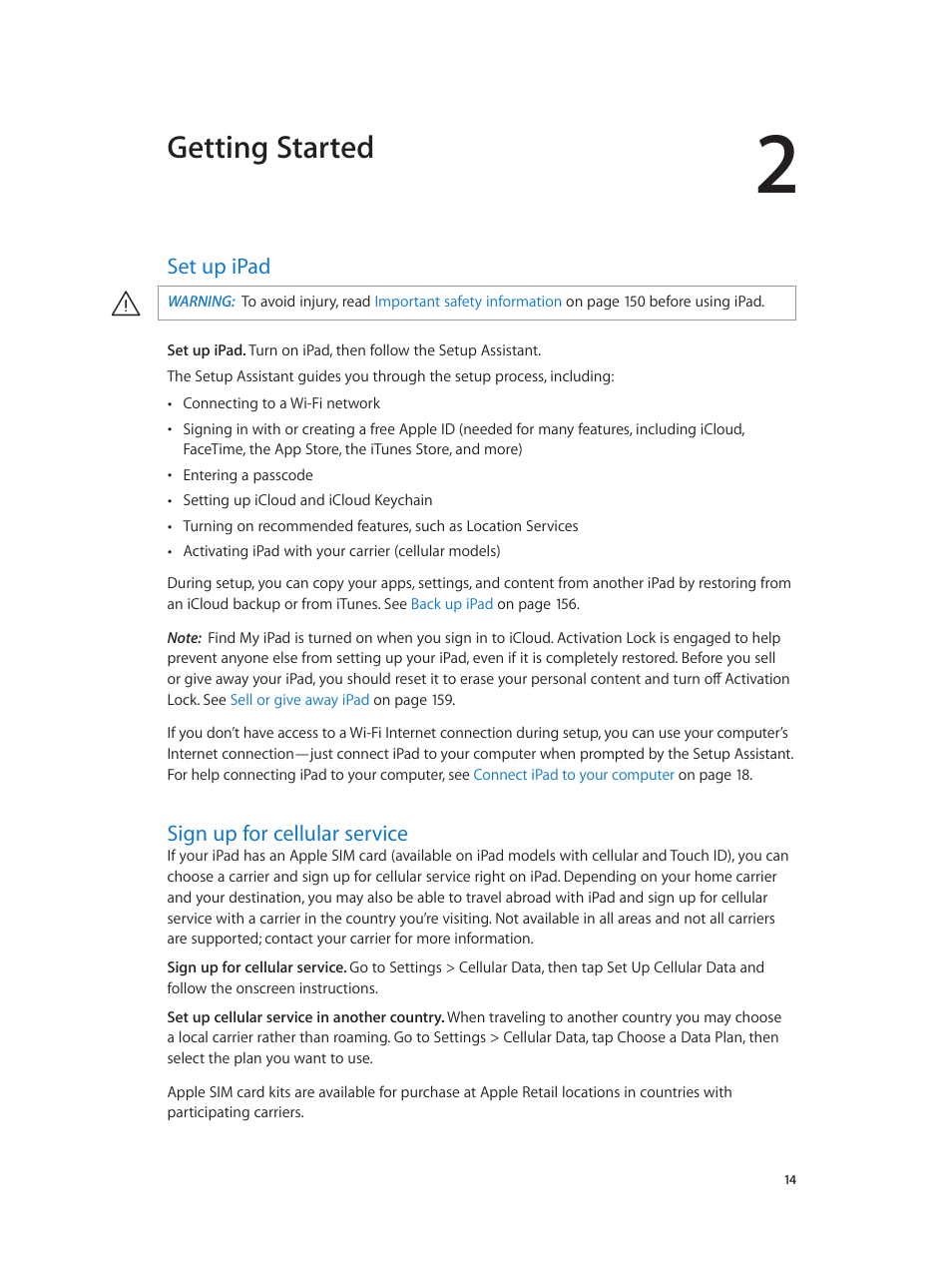 Chapter 2: getting started, Set up ipad, Sign up for cellular service | 14 set up ipad 14 sign up for cellular service, Getting started | Apple iPad iOS 8.1 User Manual | Page 14 / 164