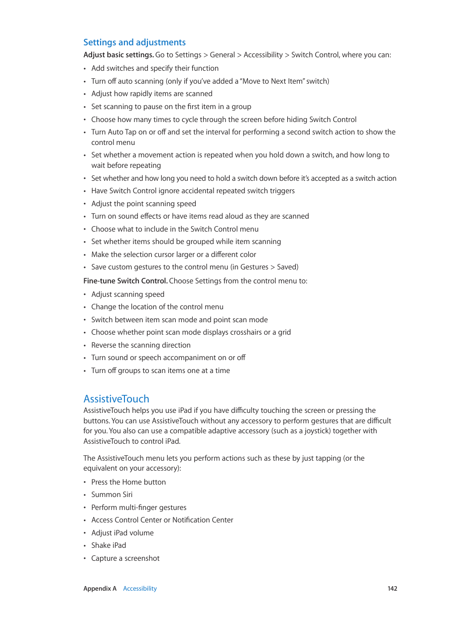 Assistivetouch, 142 assistivetouch, Settings and adjustments | Apple iPad iOS 8.1 User Manual | Page 142 / 164