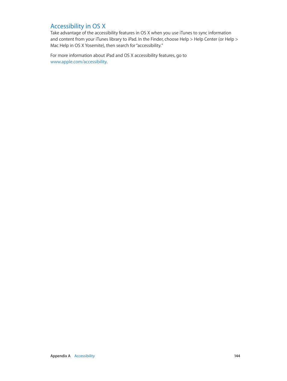 Accessibility in os x, 144 accessibility in os x | Apple iPad iOS 8.1 User Manual | Page 144 / 164