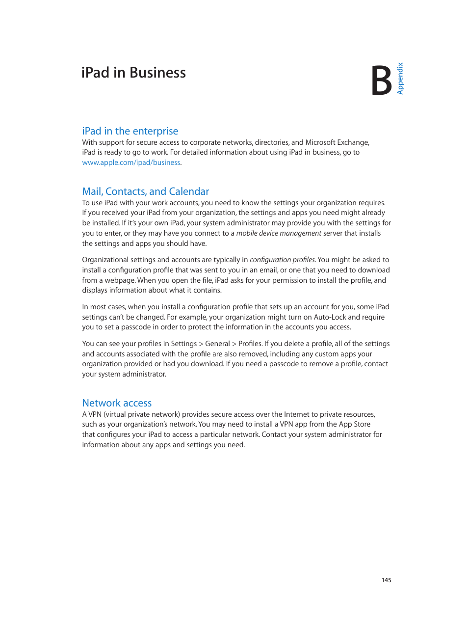 Appendix b: ipad in business, Ipad in the enterprise, Mail, contacts, and calendar | Network access, Ipad in business | Apple iPad iOS 8.1 User Manual | Page 145 / 164