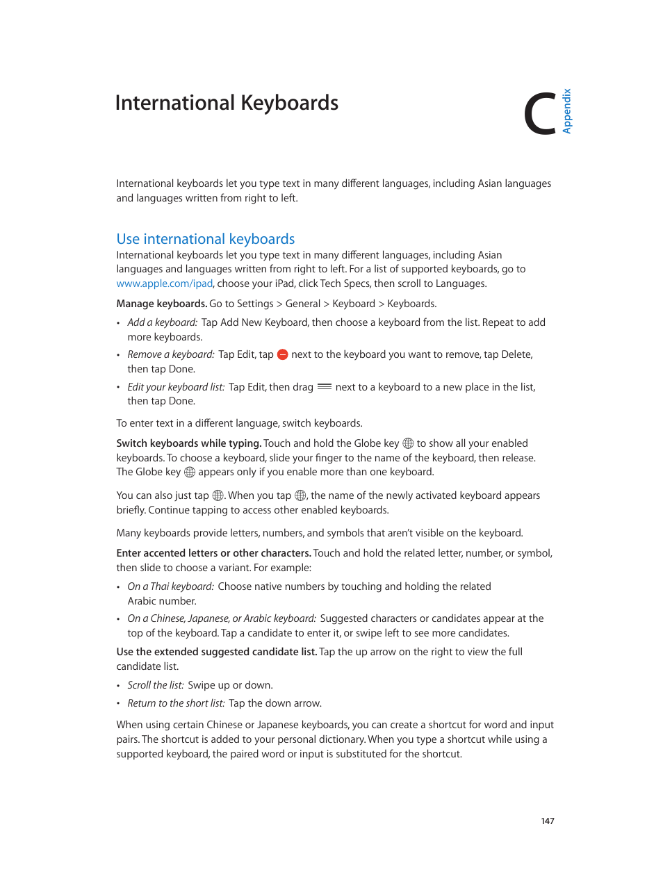 Appendix c: international keyboards, Use international keyboards, 147 use international keyboards | International keyboards | Apple iPad iOS 8.1 User Manual | Page 147 / 164