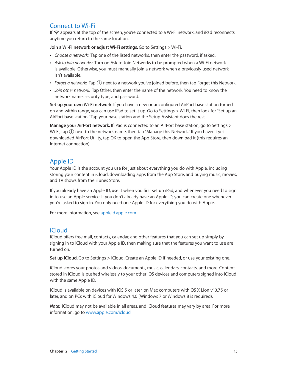 Connect to wi-fi, Apple id, Icloud | 15 connect to wi-fi 15 apple id 15 icloud | Apple iPad iOS 8.1 User Manual | Page 15 / 164