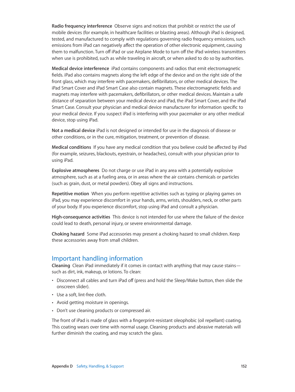 Important handling information, 152 important handling information | Apple iPad iOS 8.1 User Manual | Page 152 / 164