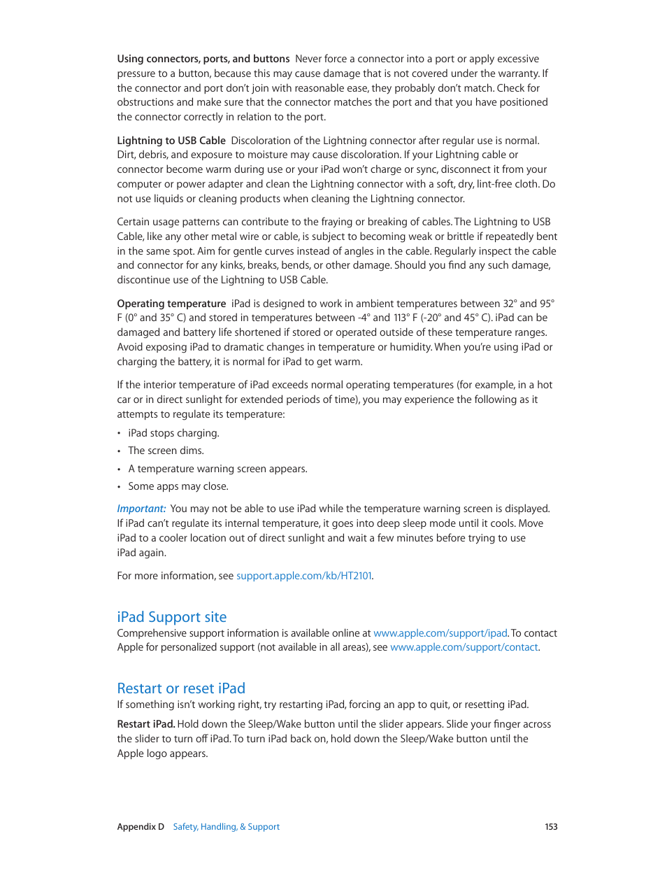 Ipad support site, Restart or reset ipad, 153 ipad support site 153 restart or reset ipad | Apple iPad iOS 8.1 User Manual | Page 153 / 164