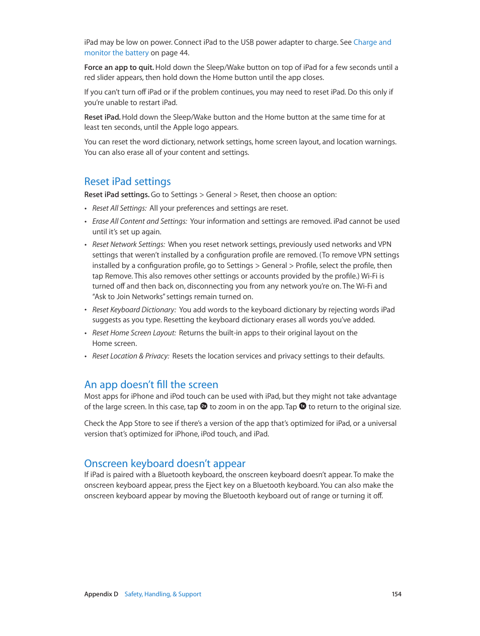 Reset ipad settings, An app doesn’t fill the screen, Onscreen keyboard doesn’t appear | Apple iPad iOS 8.1 User Manual | Page 154 / 164