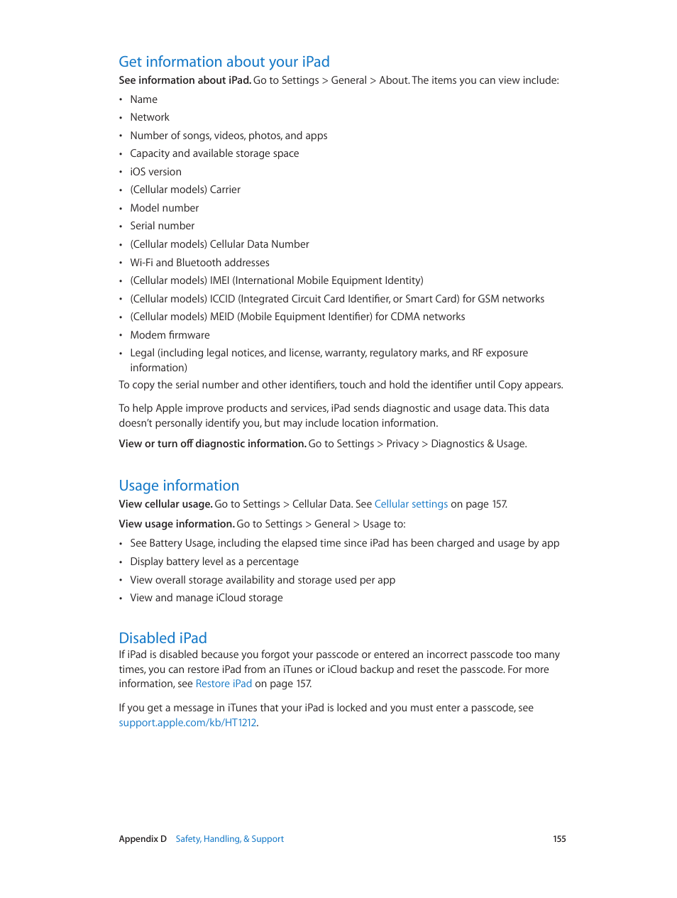 Get information about your ipad, Usage information, Disabled ipad | Apple iPad iOS 8.1 User Manual | Page 155 / 164