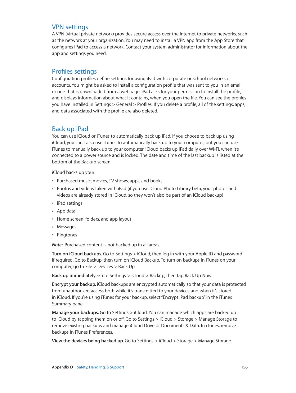 Vpn settings, Profiles settings, Back up ipad | 156 vpn settings 156 profiles settings, 156 back up ipad, Back, Up ipad | Apple iPad iOS 8.1 User Manual | Page 156 / 164