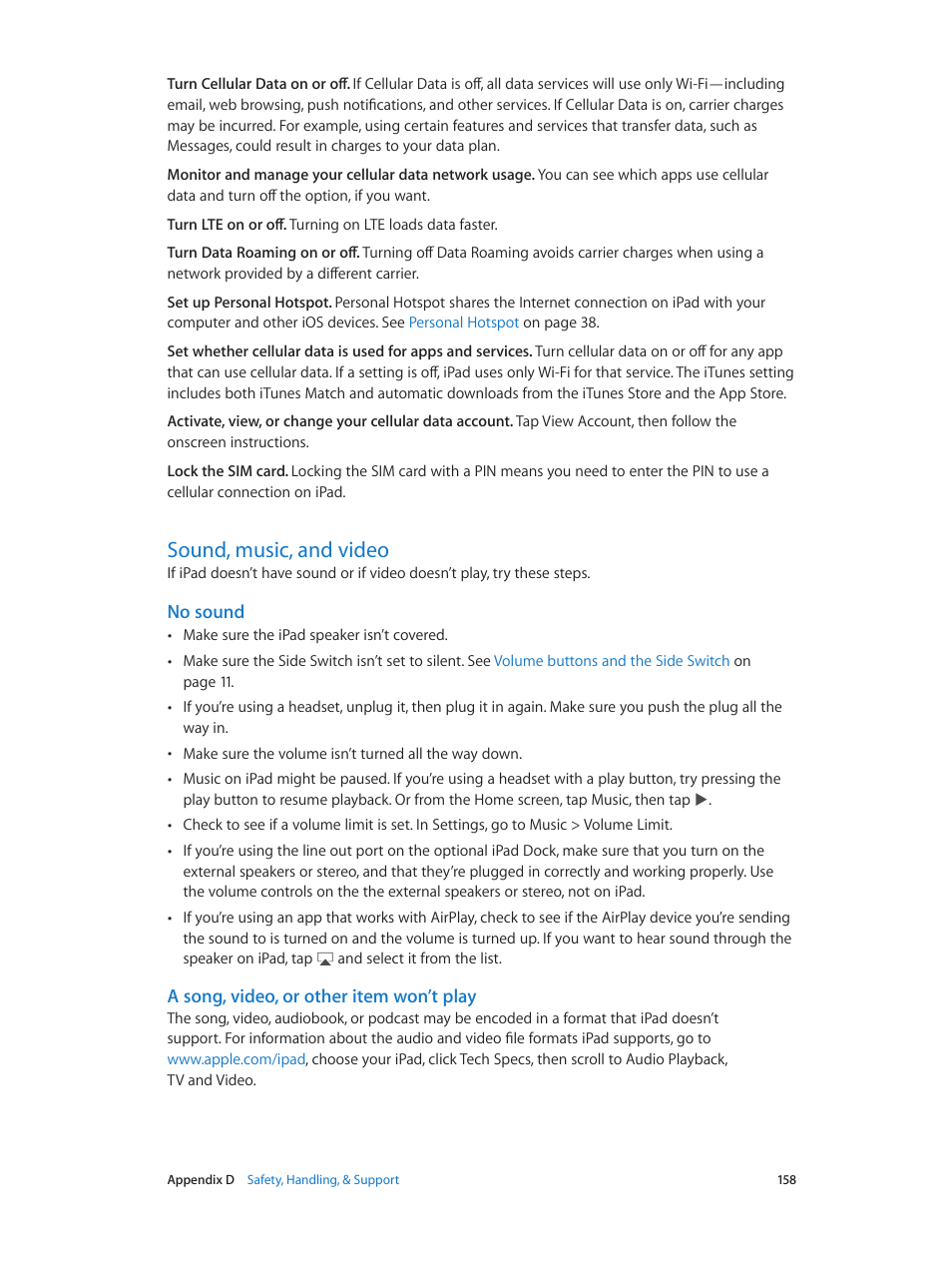 Sound, music, and video, 158 sound, music, and video, No sound | A song, video, or other item won’t play | Apple iPad iOS 8.1 User Manual | Page 158 / 164