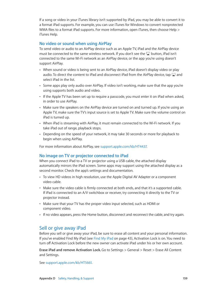 Sell or give away ipad, 159 sell or give away ipad, Sell or | Give away ipad, No video or sound when using airplay, No image on tv or projector connected to ipad | Apple iPad iOS 8.1 User Manual | Page 159 / 164