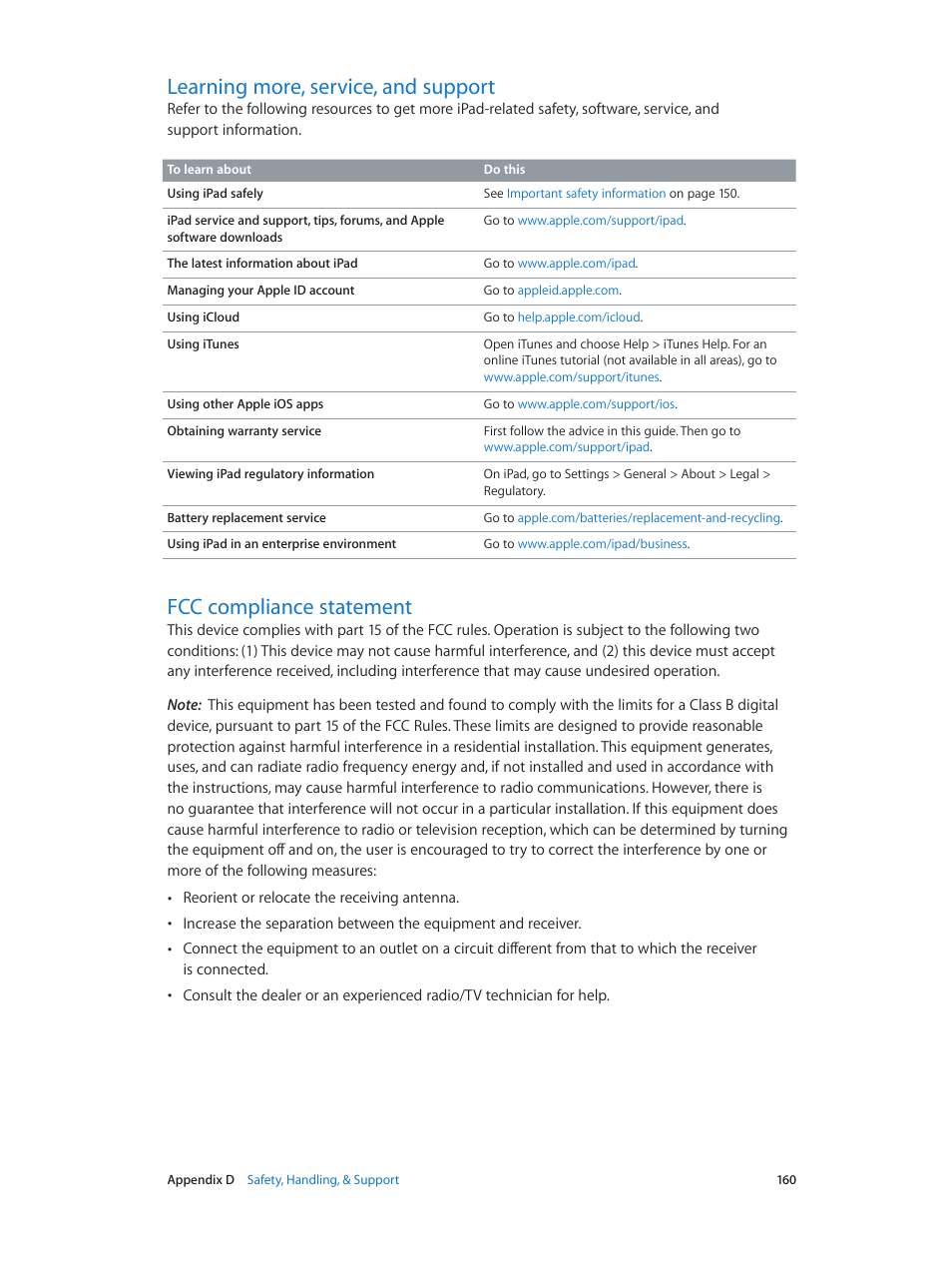 Learning more, service, and support, Fcc compliance statement | Apple iPad iOS 8.1 User Manual | Page 160 / 164