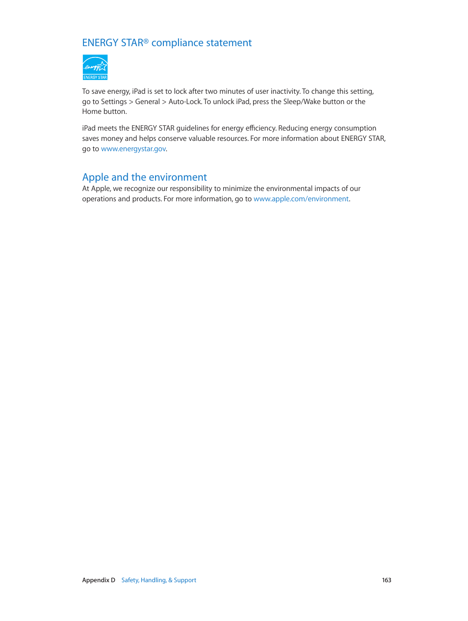 Energy star® compliance statement, Apple and the environment | Apple iPad iOS 8.1 User Manual | Page 163 / 164