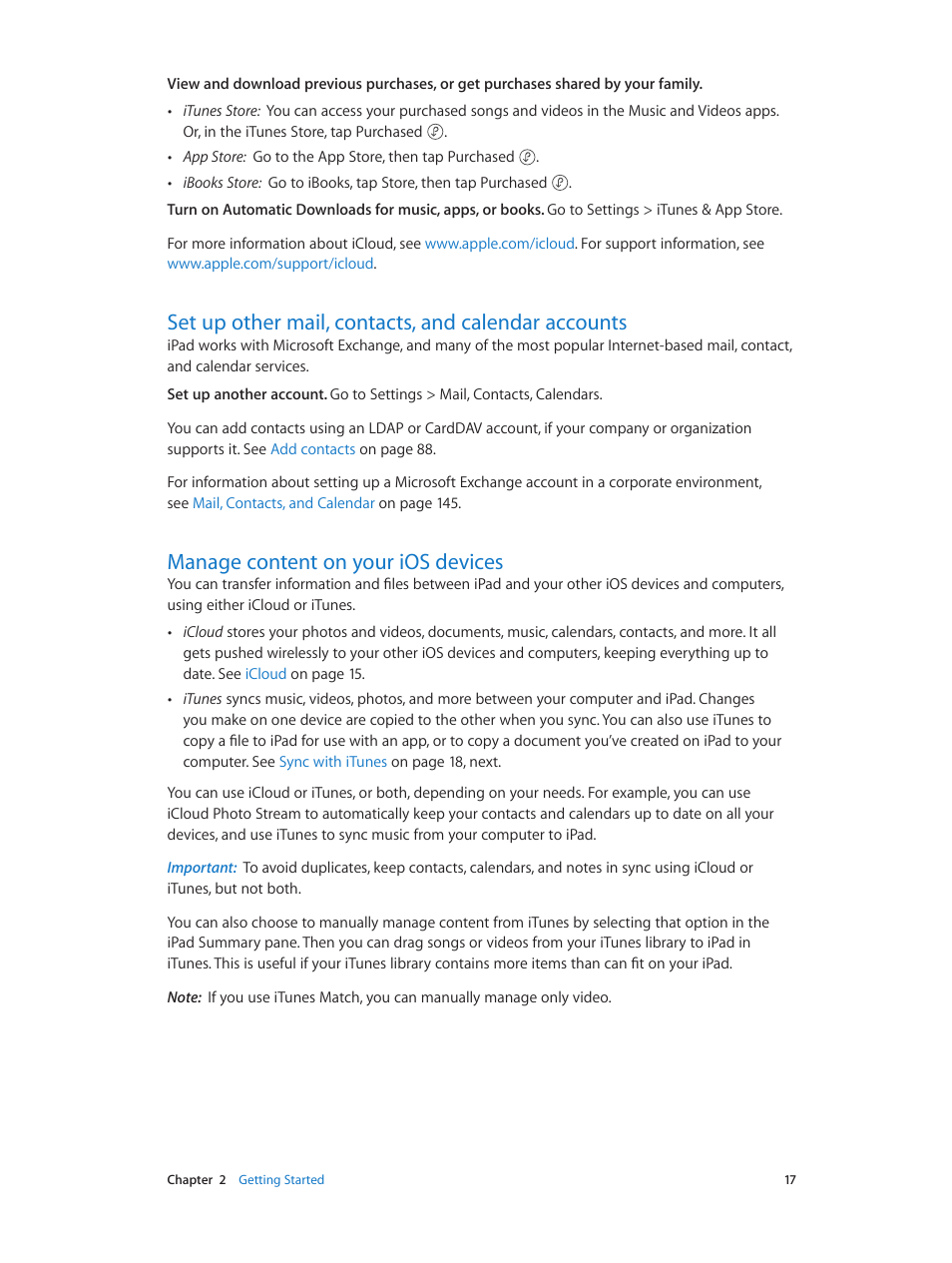 Set up other mail, contacts, and calendar accounts, Manage content on your ios devices | Apple iPad iOS 8.1 User Manual | Page 17 / 164