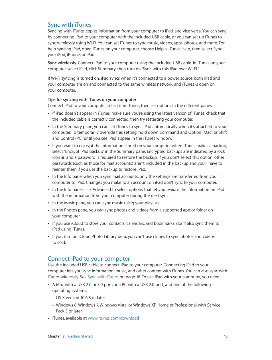 Sync with itunes, Connect ipad to your computer | Apple iPad iOS 8.1 User Manual | Page 18 / 164