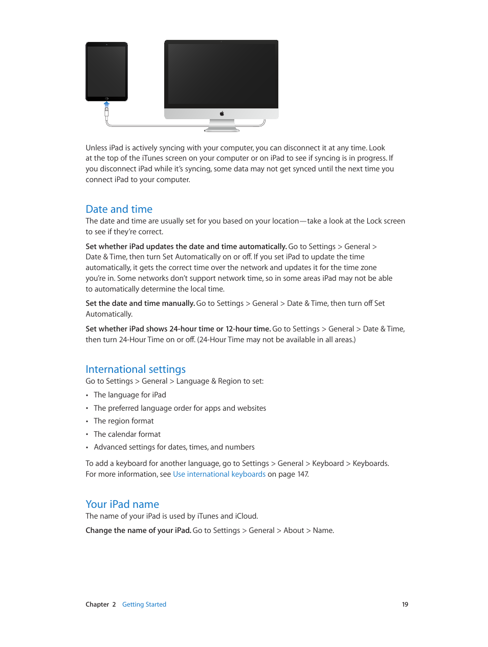 Date and time, International settings, Your ipad name | Apple iPad iOS 8.1 User Manual | Page 19 / 164