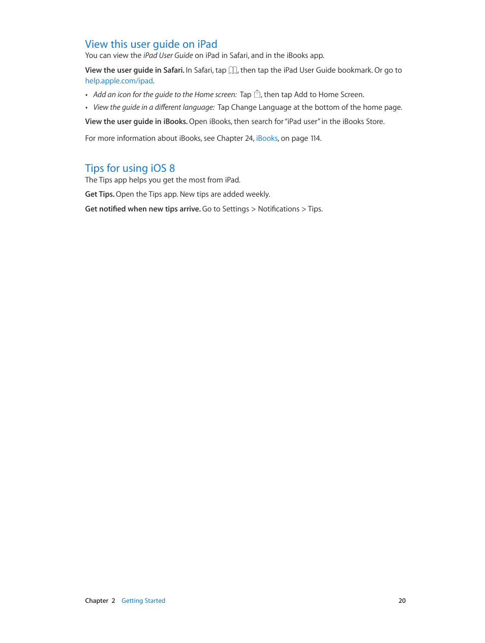 View this user guide on ipad, Tips for using ios 8 | Apple iPad iOS 8.1 User Manual | Page 20 / 164