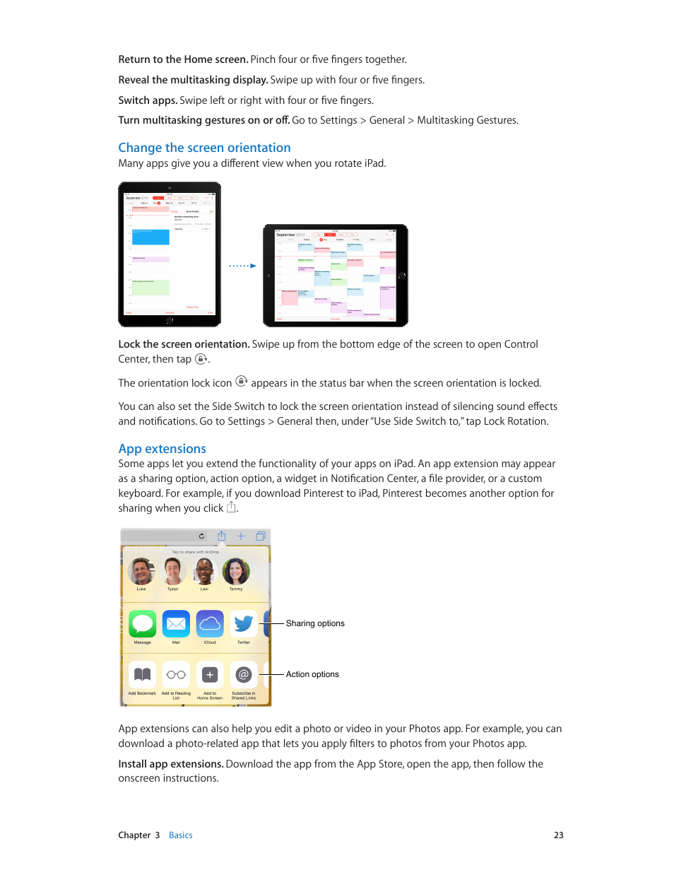 Change the screen orientation, App extensions | Apple iPad iOS 8.1 User Manual | Page 23 / 164