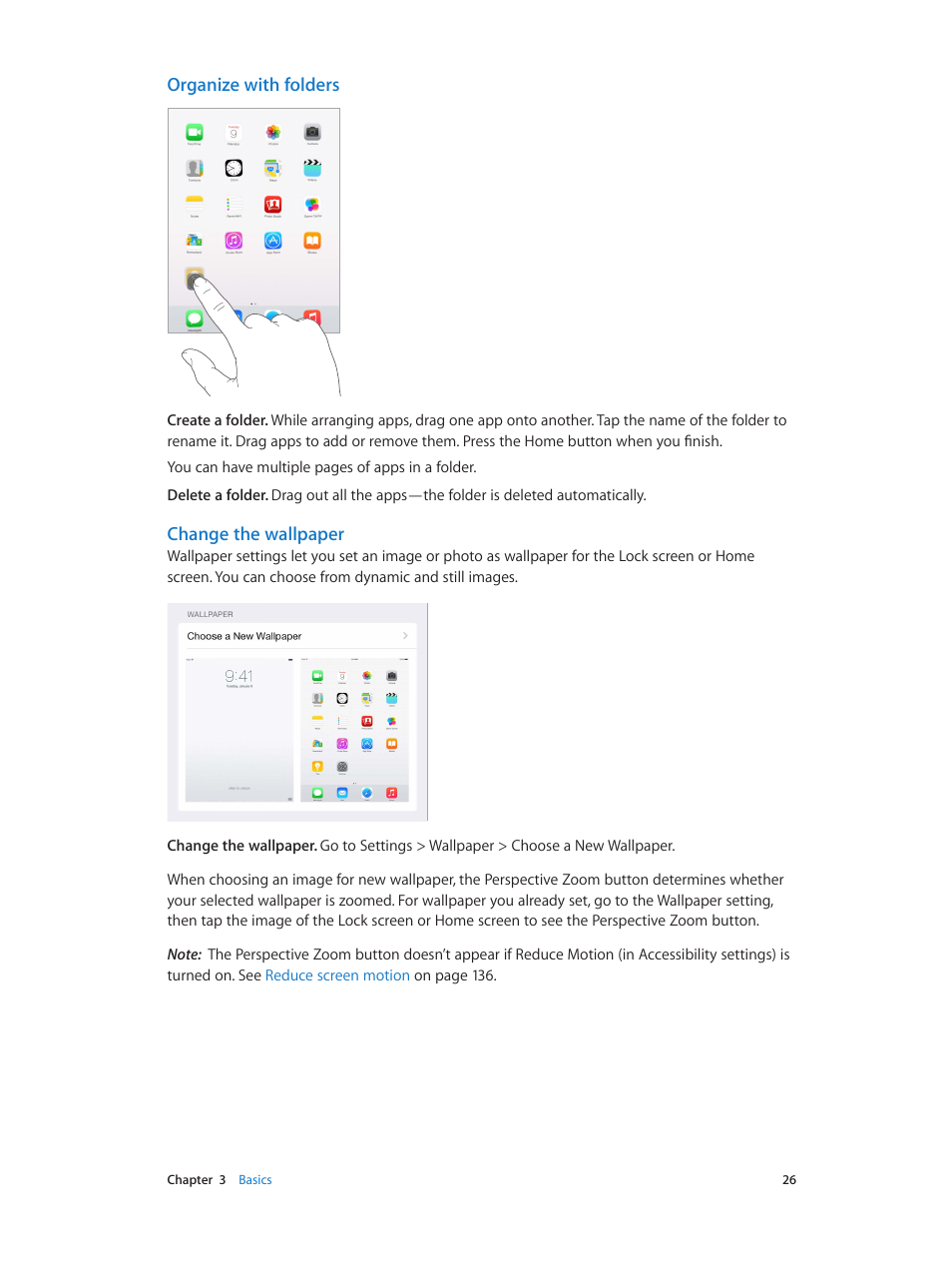 Organize with folders, Change the wallpaper | Apple iPad iOS 8.1 User Manual | Page 26 / 164