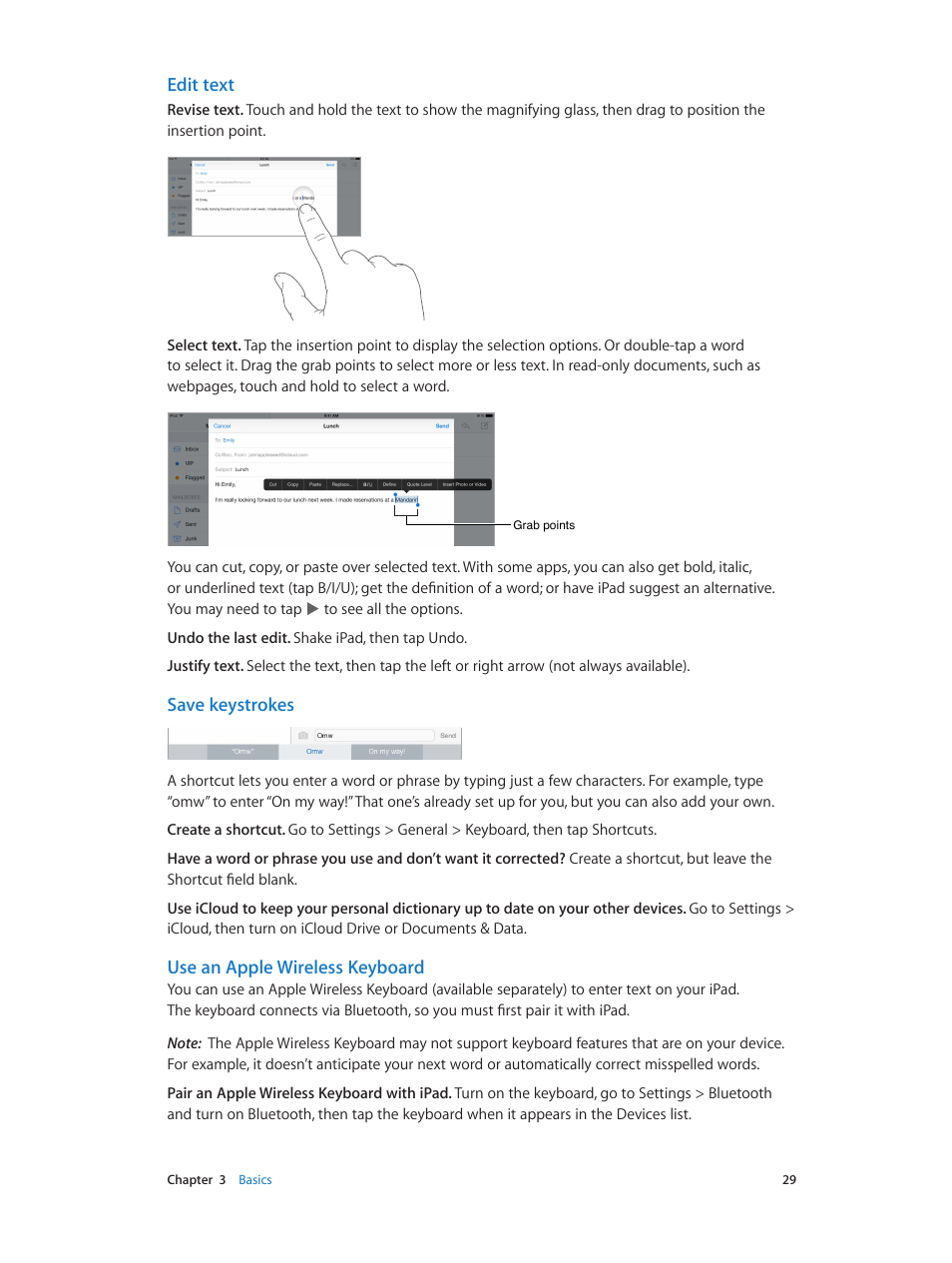 Use an apple wireless, Keyboard, Edit text | Save keystrokes, Use an apple wireless keyboard | Apple iPad iOS 8.1 User Manual | Page 29 / 164