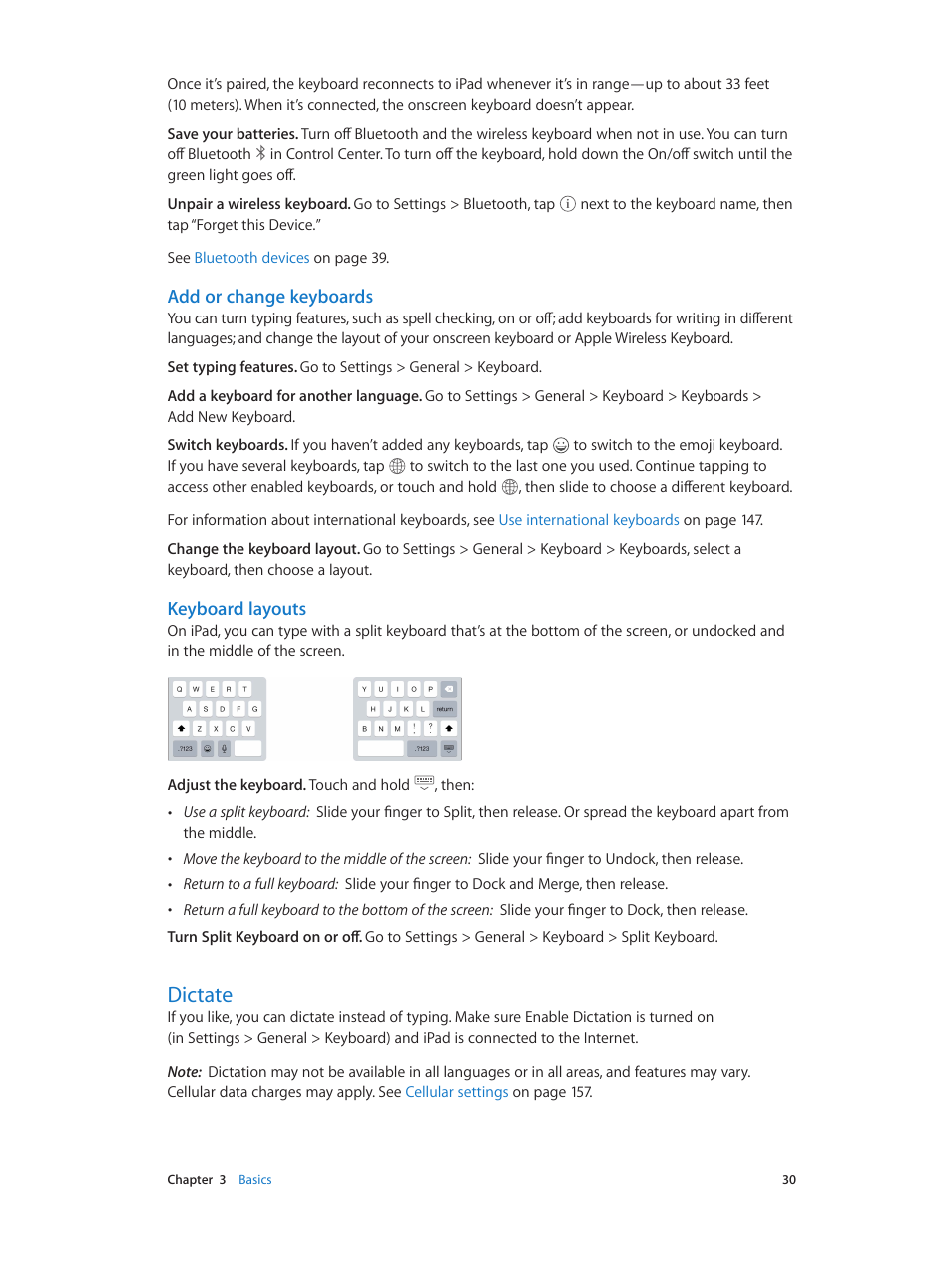 Dictate, 30 dictate, Add or change keyboards | Keyboard layouts | Apple iPad iOS 8.1 User Manual | Page 30 / 164