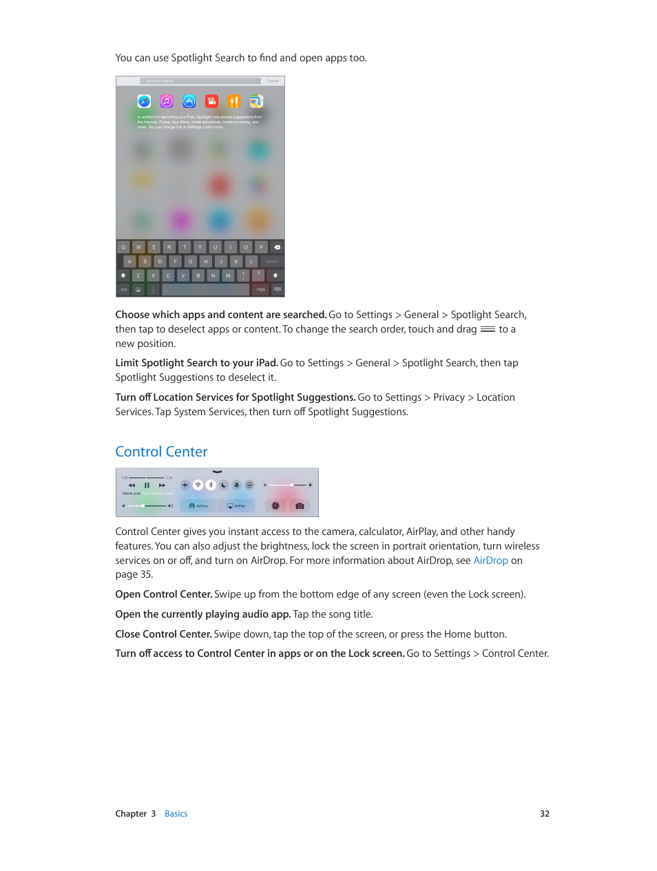 Control center, 32 control center | Apple iPad iOS 8.1 User Manual | Page 32 / 164