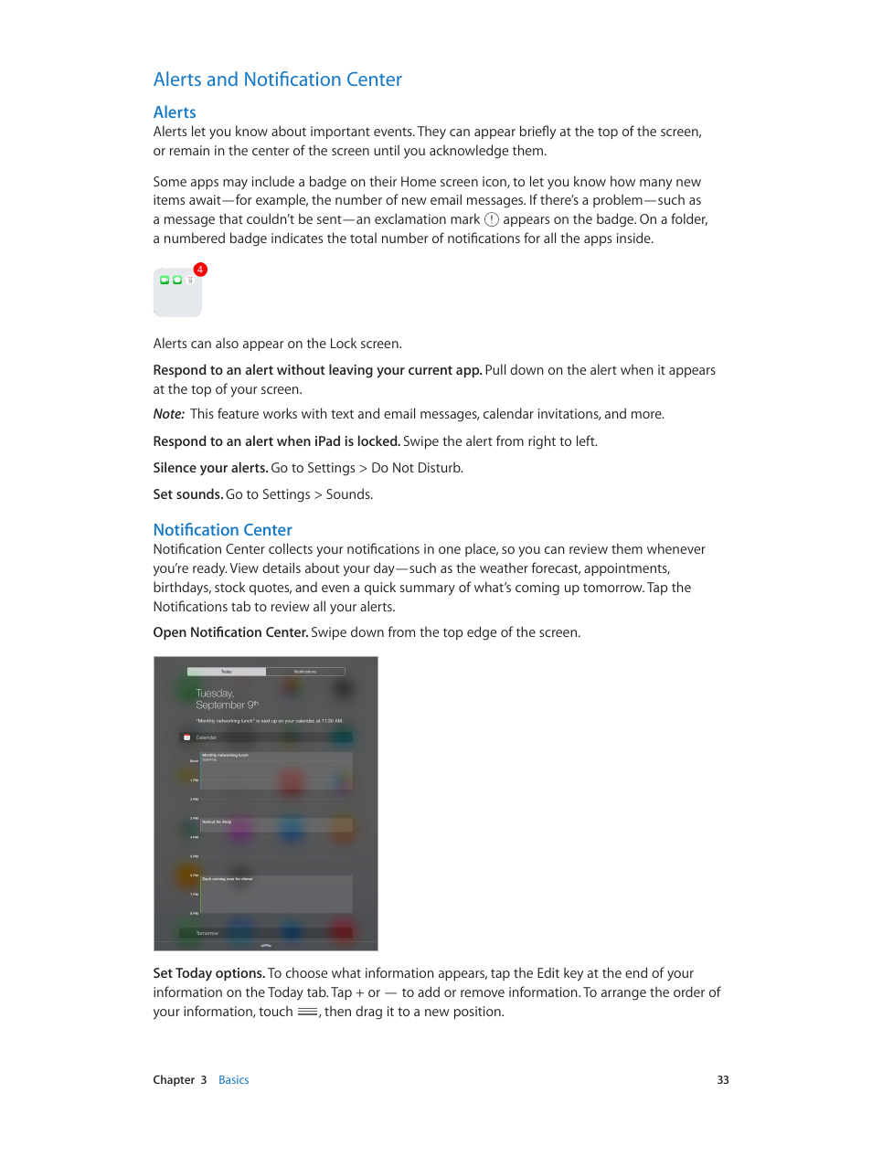 Alerts and notification center, 33 alerts and notification center, Notification center | Alerts | Apple iPad iOS 8.1 User Manual | Page 33 / 164