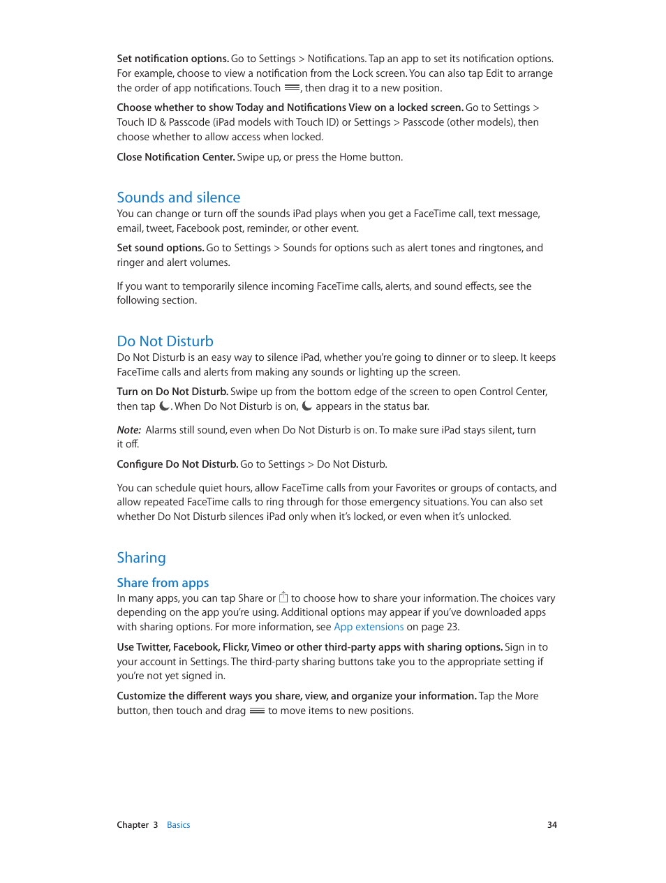 Sounds and silence, Do not disturb, Sharing | 34 sounds and silence 34 do not disturb 34 sharing, Share from apps | Apple iPad iOS 8.1 User Manual | Page 34 / 164