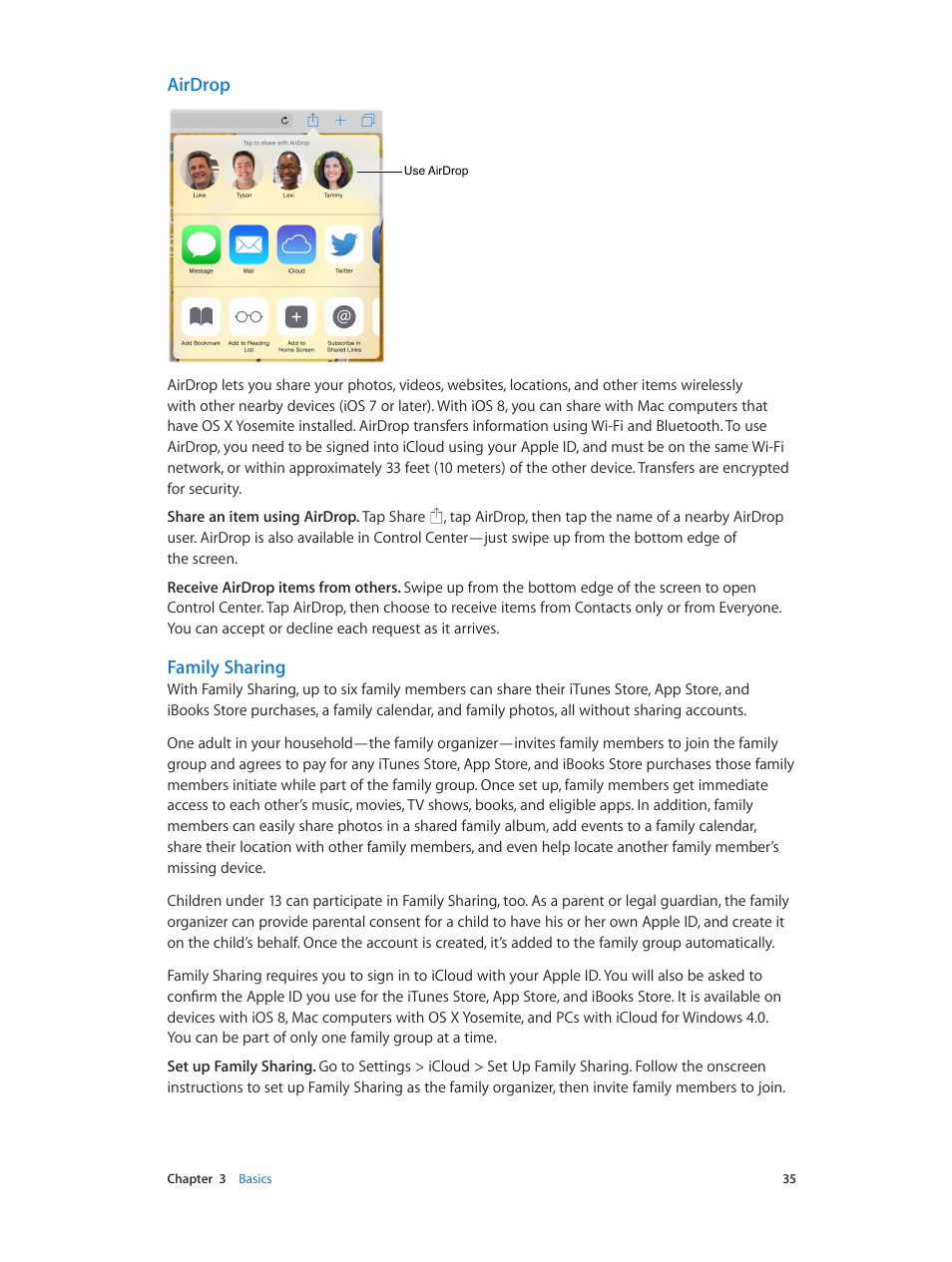 Family sharing, Airdrop | Apple iPad iOS 8.1 User Manual | Page 35 / 164