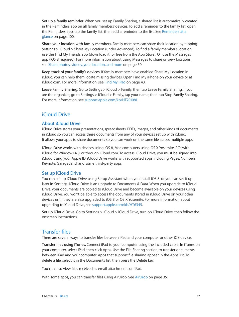 Icloud drive, Transfer files, 37 icloud drive 37 transfer files | About icloud, Drive, About icloud drive, Set up icloud drive | Apple iPad iOS 8.1 User Manual | Page 37 / 164