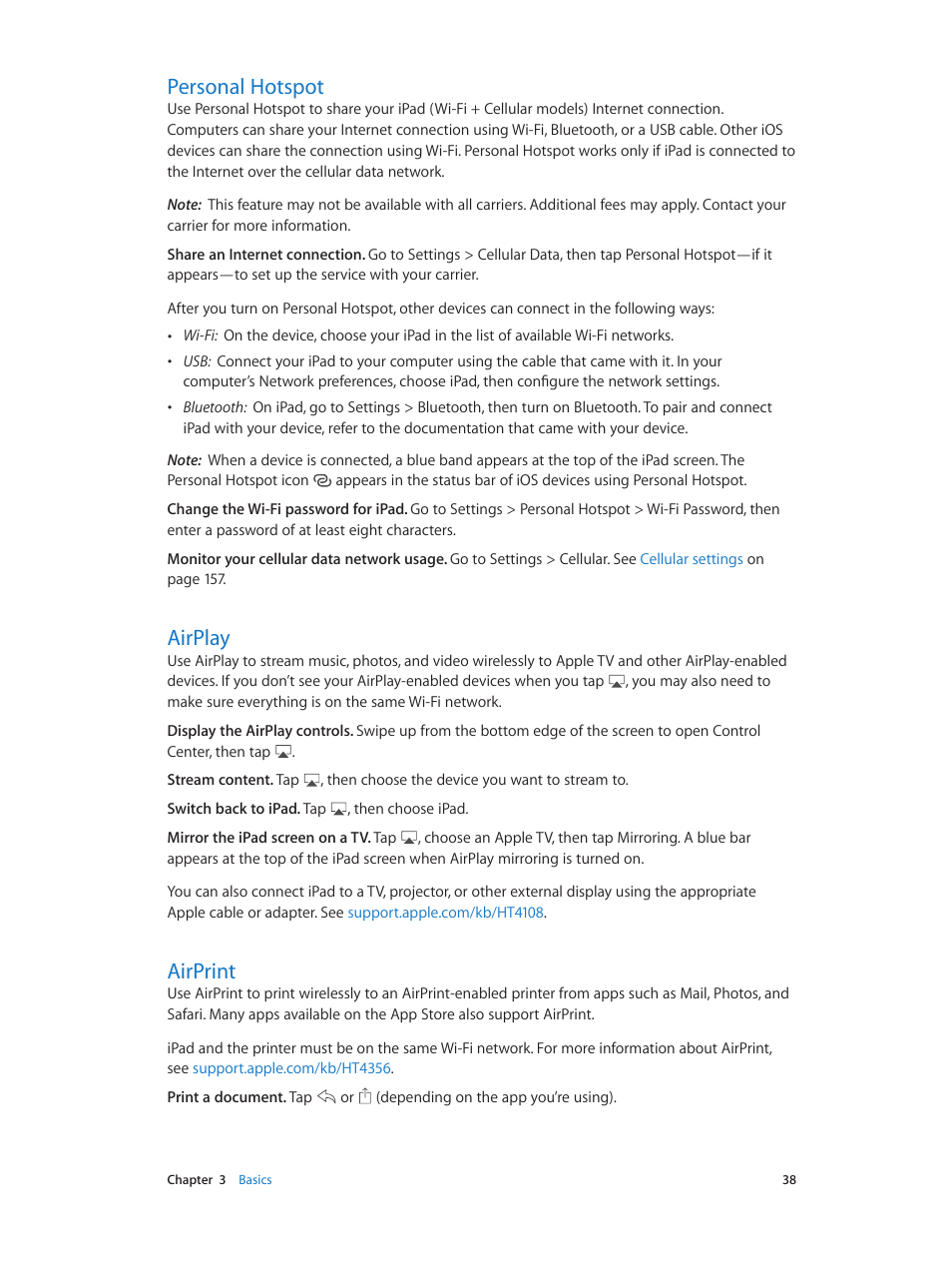 Personal hotspot, Airplay, Airprint | 38 personal hotspot 38 airplay, 38 airprint | Apple iPad iOS 8.1 User Manual | Page 38 / 164