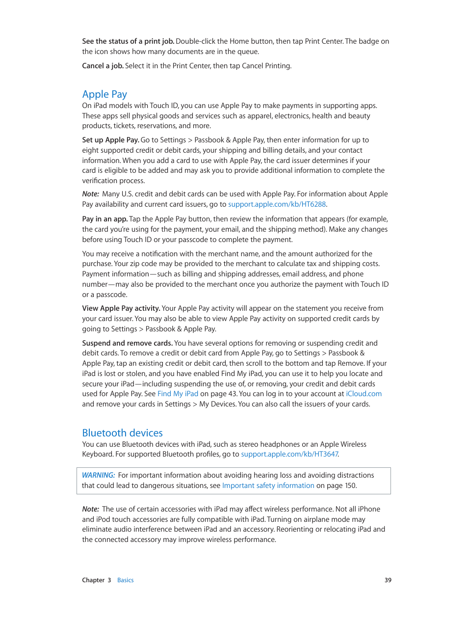 Apple pay, Bluetooth devices, 39 apple pay 39 bluetooth devices | Apple iPad iOS 8.1 User Manual | Page 39 / 164