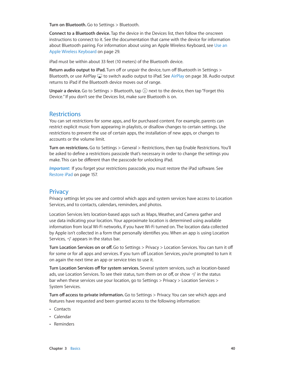 Restrictions, Privacy, 40 restrictions 40 privacy | Apple iPad iOS 8.1 User Manual | Page 40 / 164