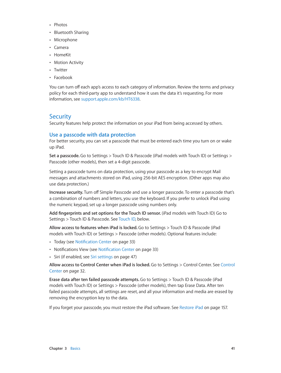 Security, 41 security, Use a passcode | With data protection, Use a passcode with data protection | Apple iPad iOS 8.1 User Manual | Page 41 / 164