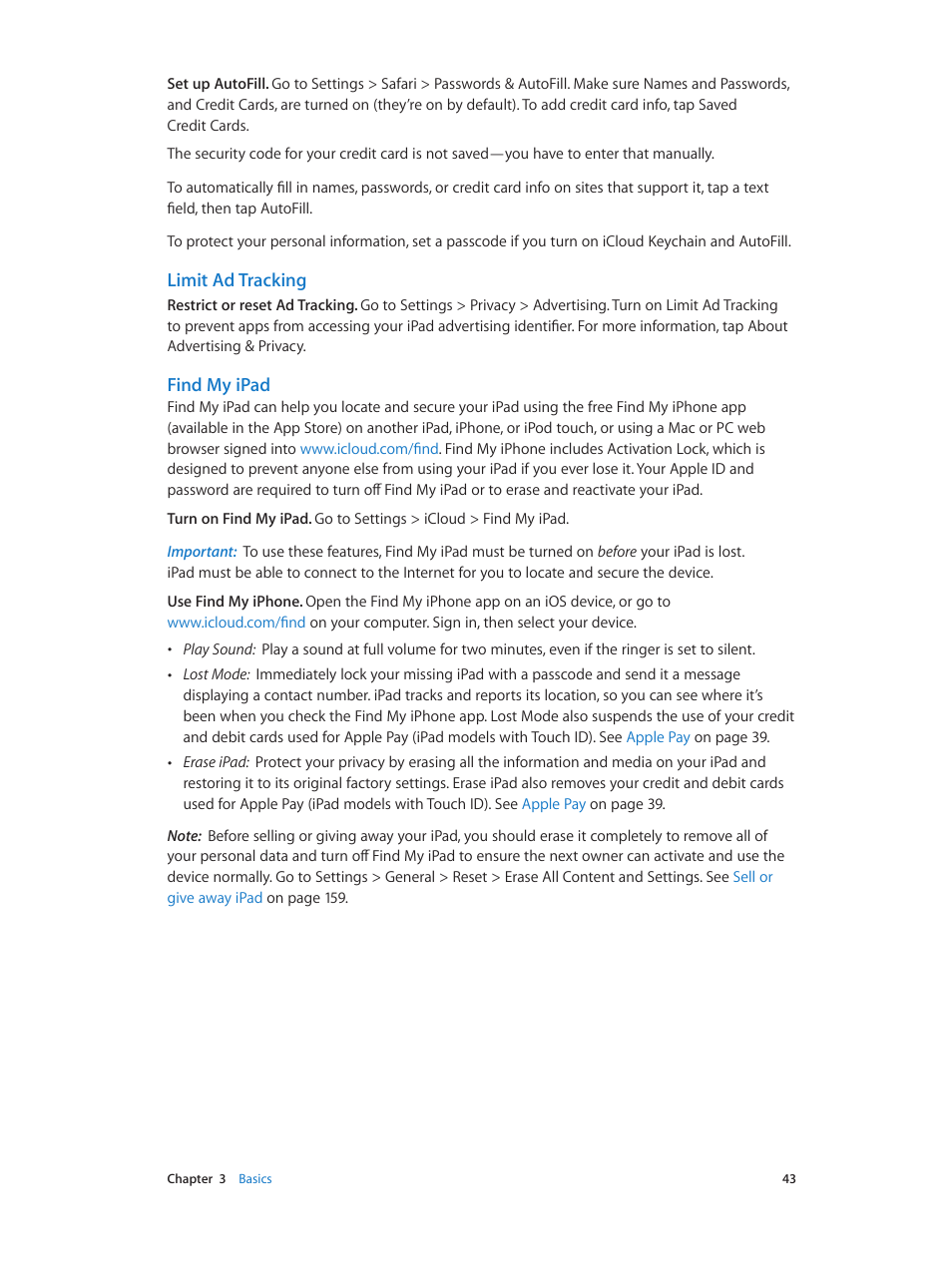 Find my ipad, Limit ad tracking | Apple iPad iOS 8.1 User Manual | Page 43 / 164