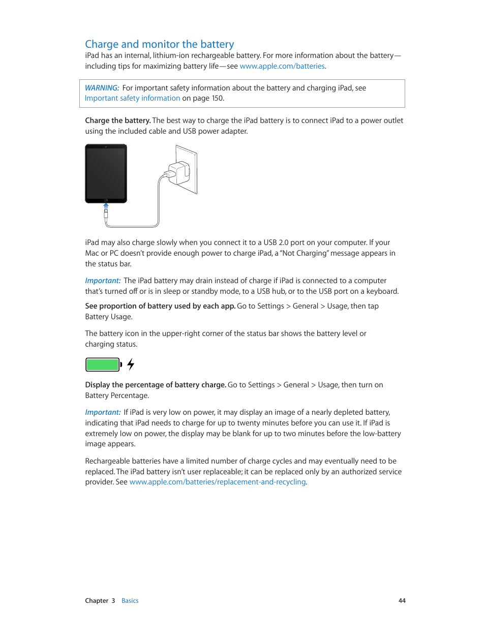 Charge and monitor the battery, 44 charge and monitor the battery, Charge and monitor | The battery | Apple iPad iOS 8.1 User Manual | Page 44 / 164