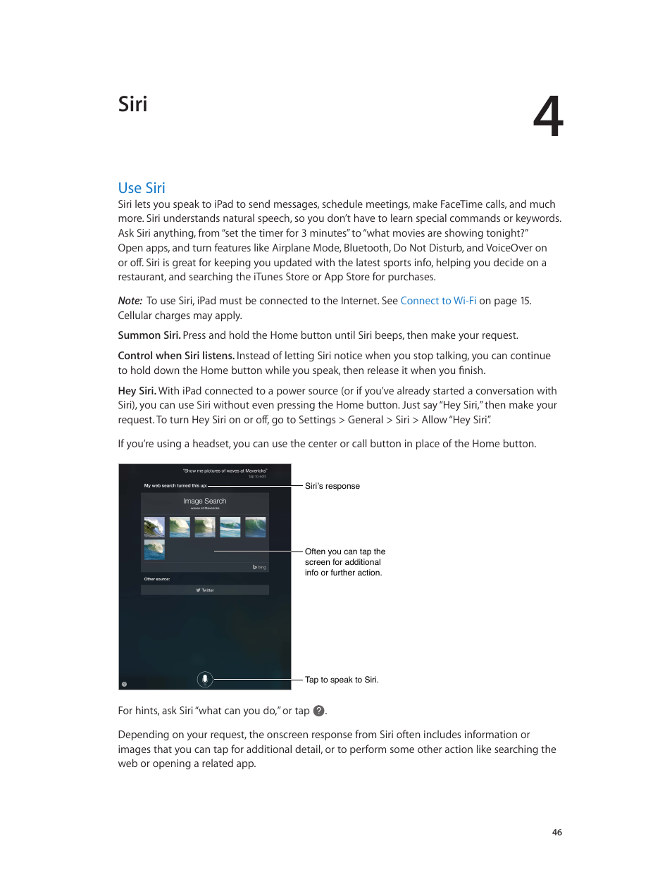 Chapter 4: siri, Use siri, 46 use siri | Siri | Apple iPad iOS 8.1 User Manual | Page 46 / 164